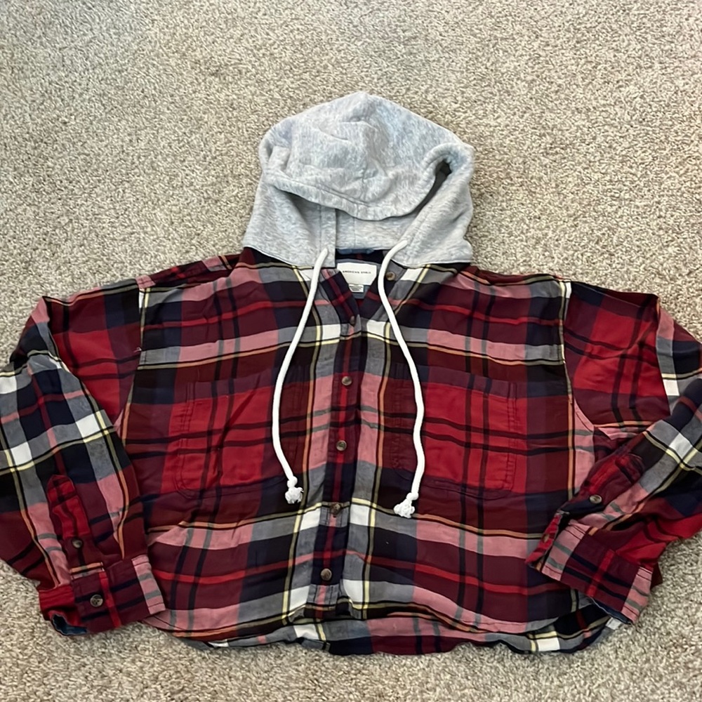 American Eagle Flannel Crop Top w/Hoodie